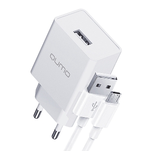 Сетевое зарядное устройство Qumo Energy light 10Вт, (модель 0103), порт: USB-A, + кабель PVC 1м. USB-A на MicroUSB, белый