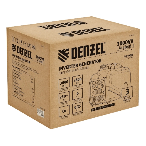 Генератор инверторный Denzel GS-3000iS, 3,0 кВт, 230 В, закрытый корпус, ручной старт