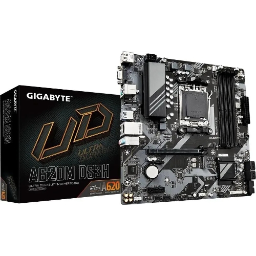 Материнская плата Gigabyte A620M DS3H, mATX, AM5, AMD A620, 4xDDR5, 4xSATA, 1xM.2, 1xPCI-E 4.0 x16, 1xPCI-E x1, 1xHDMI, 1xDP, 1xVGA, 1x 1Gb LAN, 1xUSB 3.2 Gen 1, 4xUSB 2.0, 3x3.5мм, 7.1, ATX
