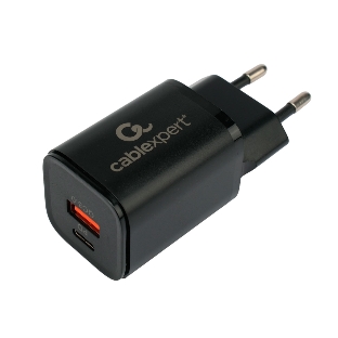 Сетевое зарядное устройство Cablexpert MP3A-PC-43, 30Вт, 3А, быстрая зарядка QC3.0/PD, 2 порта: USB и Type-C, черный, пакет