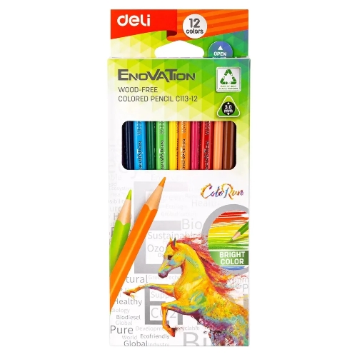 Карандаши цветные Deli EC113-12 Enovation, трехгранный профиль, пластик 12 цветов, коробка с европодвесом (12шт)