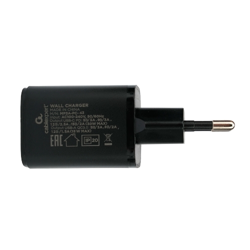 Сетевое зарядное устройство Cablexpert MP3A-PC-43, 30Вт, 3А, быстрая зарядка QC3.0/PD, 2 порта: USB и Type-C, черный, пакет