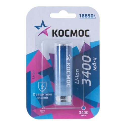 Аккумулятор Li-ion 18650 3400 мАч с защитой (блист.1шт) Космос KOC18650Li-ion34PBL1