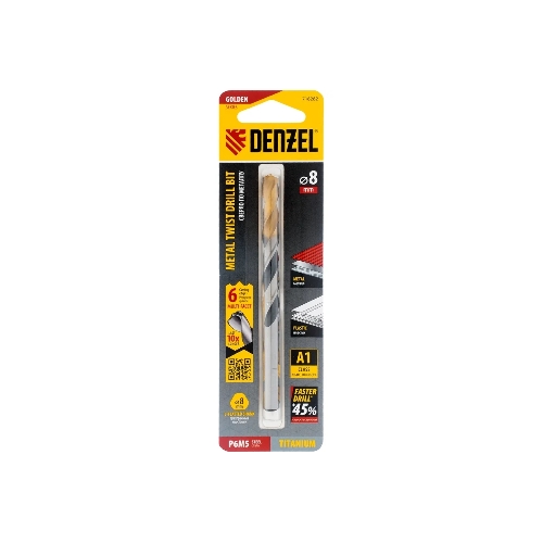 Сверло спиральное по металлу Denzel 8 x 117мм, Р6М5, Golden Tip, многогранная заточка
