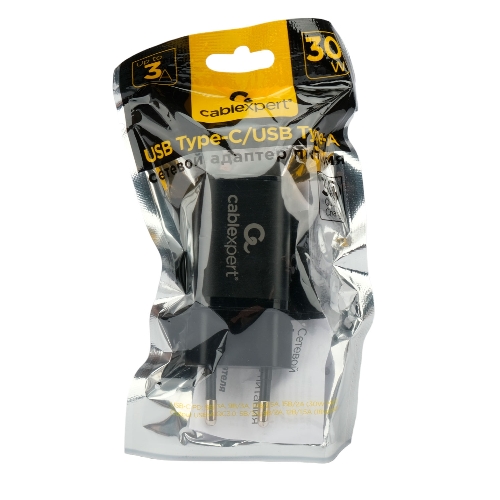 Сетевое зарядное устройство Cablexpert MP3A-PC-43, 30Вт, 3А, быстрая зарядка QC3.0/PD, 2 порта: USB и Type-C, черный, пакет