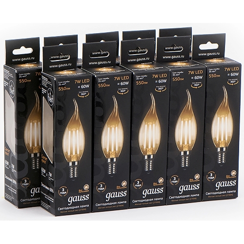 Лампа светодиодная Gauss Filament 7Вт цок.: E14 свеча 220B св. свеч. белый теп. CF35 (упак.: 10 шт) (104801107)