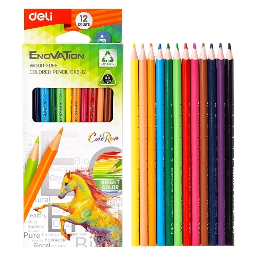 Карандаши цветные Deli EC113-12 Enovation, трехгранный профиль, пластик 12 цветов, коробка с европодвесом (12шт)