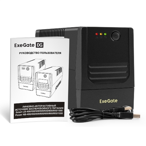 Источник бесперебойного питания ExeGate Power NB-500.LED.AVR.2SH.USB (500VA/300W, LED, AVR, 2*Schuko, USB, батарея 12V 4.5Ah, Black)