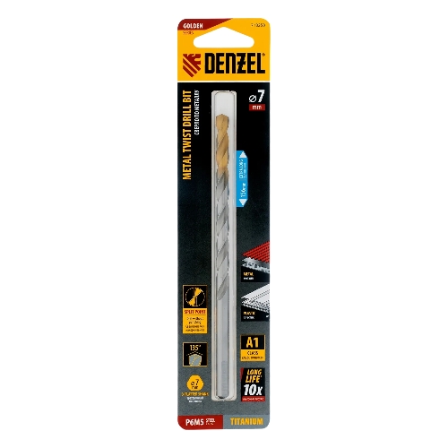 Сверло спиральное по металлу Denzel 7,0 х 156 мм, Р6М5, Golden Tip, удлиненное