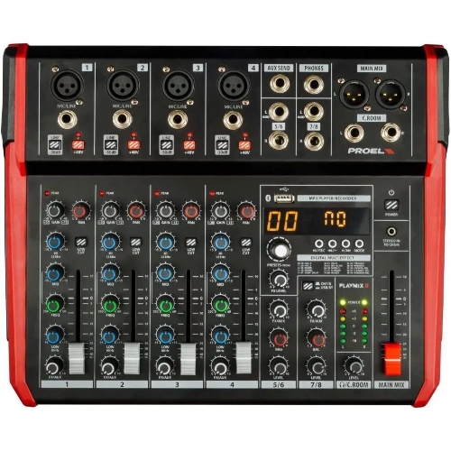 Микшерный пульт PROEL PLAYMIX8 8-ми канальный, 24 бит/48 кГц DSP, Bluetooth, медиа-плеер, 4x XLR+1/4" TRS микр./лин. входа, 2х 1/4" TRS (L/R) стерео лин. входа, 2x XLR Main вых., 2x 1/4" TRS вых. для мониторов, USB аудио интерфейс, 2x USB-A порта