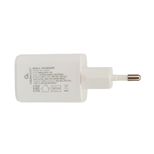 Сетевое зарядное устройство Cablexpert MP3A-PC-42, 30Вт, быстрая зарядка QC3.0/PD, 2 порта: USB и Type-C, белый, пакет