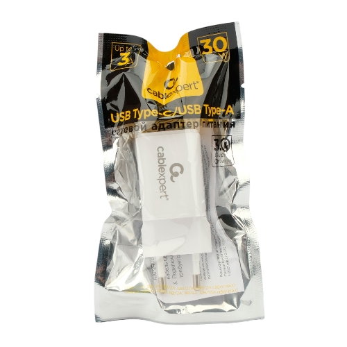 Сетевое зарядное устройство Cablexpert MP3A-PC-42, 30Вт, быстрая зарядка QC3.0/PD, 2 порта: USB и Type-C, белый, пакет