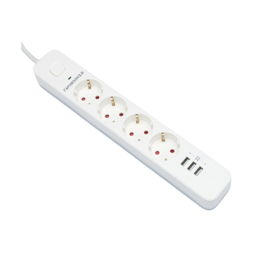 Сетевой фильтр Гарнизон 2.0 Мультипорт EPS-4-U3-W-4, 4 р, 10А, 3xUSB, 4 м, ур.защиты 2+, белый, пакет