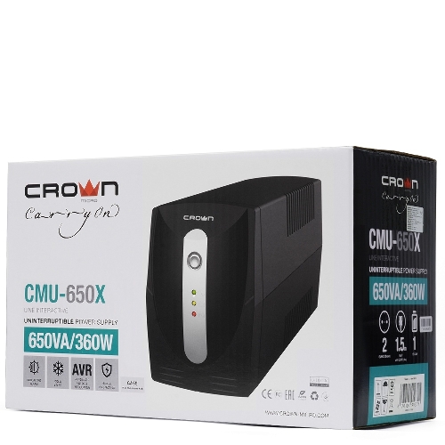 Источник бесперебойного питания Crown CMU-650X (650ВА/360 Вт; 2хEURO резервным питанием и фильтрацией; 12V/7AH х 1; пластик)