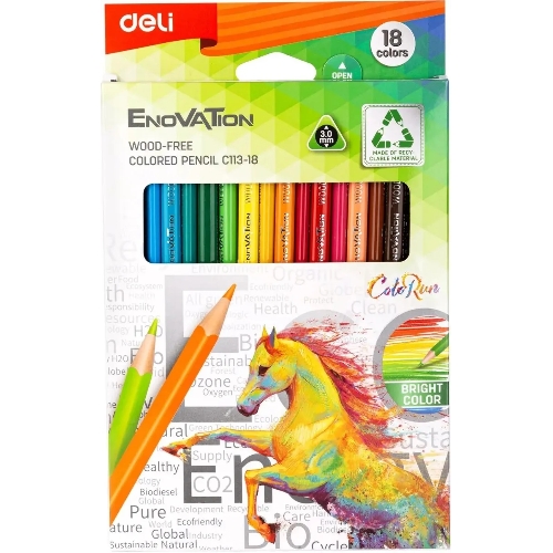 Карандаши цветные Deli EC113-18 Enovation, трехгранный профиль, пластик 18 цветов, коробка с европодвесом (18шт)