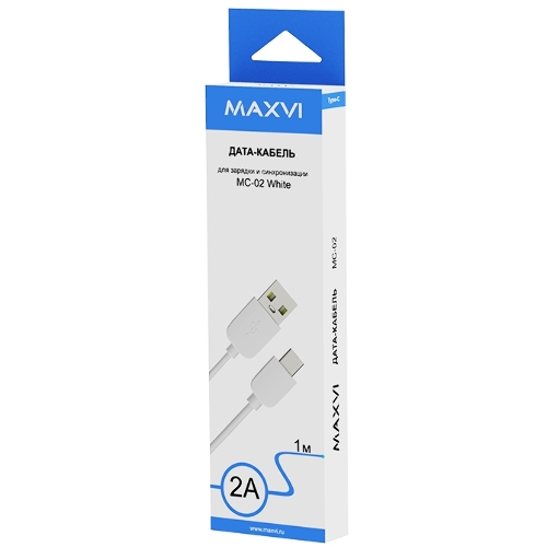 Кабель Maxvi MC-02 white USB-A - Type-C ток макс. нагрузки 2А, макс. напряжение 5V, длина кабеля 1м, материал PVC, белый