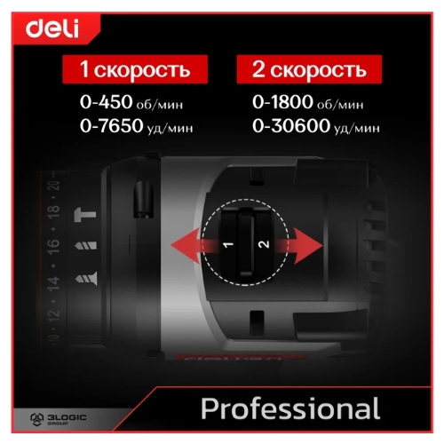 Дрель-шуруповерт Deli DE-CZ16-1A2, 16 В, 2 Ач, 44 Нм, бесщеточный, ударный