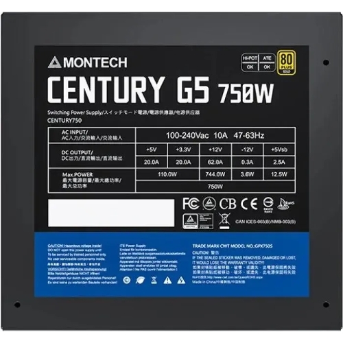 Блок питания Montech ATX 750W CENTURY GOLD G5, 750 Вт, 80 PLUS GOLD, 120 мм, модульный, черный