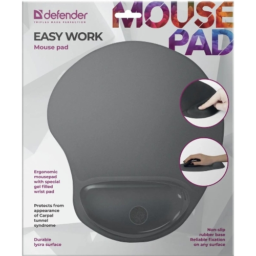 Коврик для мыши Defender гелевый Easy Work (серая лайкра) нескользящ.основа,260х225х5мм