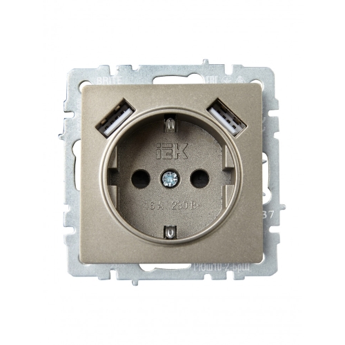 Розетка 1-местная IEK BRITE РЮш10-2-БрШ (BR-R14-16-U21-D31-K37) с заземлением, с защитными шторками, 16А, с USB A+A 5В 3,1А, шампань