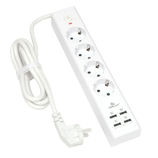 Сетевой фильтр Cablexpert Exnovo EXN-4-U4-W-2, 4 р, 16А, 4хUSB, 3.4A, 2 м, ур.защиты 4+, белый, коробка