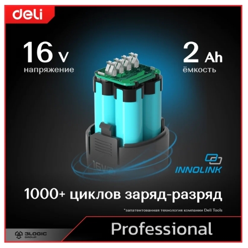 Дрель-шуруповерт Deli DE-CZ16-1A2, 16 В, 2 Ач, 44 Нм, бесщеточный, ударный