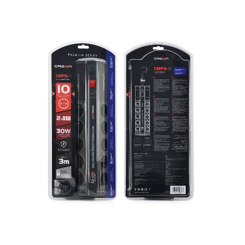 Сетевой фильтр CROWN CMPS-11 черный, 10 розеток, 3 м