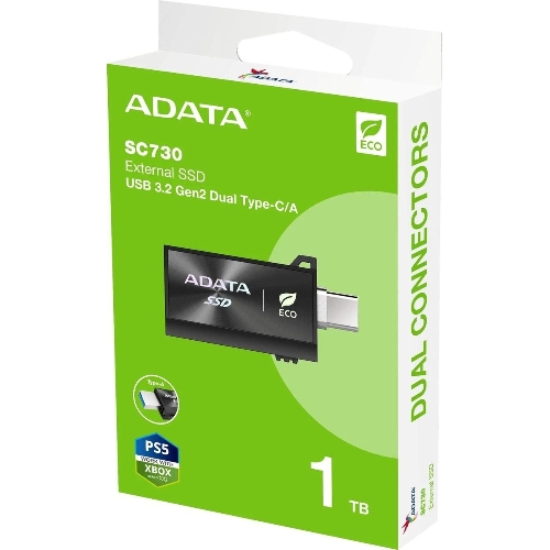 Внешний SSD ADATA SC730, 1TB, USB 3.2 Gen 2 Type-A/Type-C, R/W 600/600, черный
