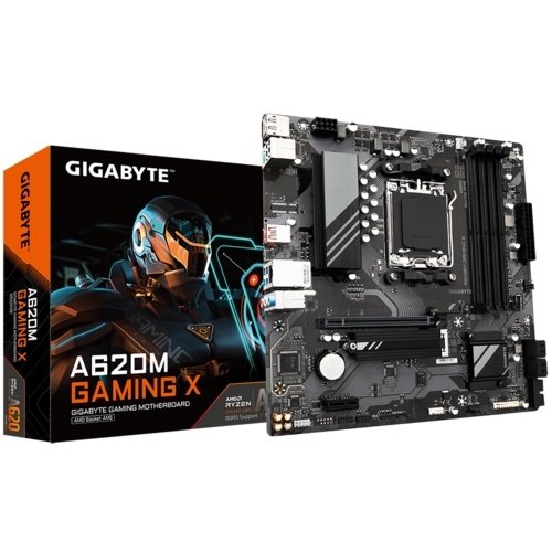 Материнская плата Gigabyte A620M GAMING X, Micro-ATX, AM5, AMD A620, 4xDDR5, 4xSATA, 1xM.2, 1xPCI-E 4.0 x16, 1xPCI-E x1, 1xHDMI, 1xDP, 1x 1Gb LAN, 1xUSB 3.2 Gen 2, 2xUSB 2.0, 2xUSB 3.2 Gen 1, 3x3.5мм, 7.1, ATX