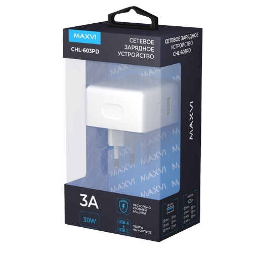 Сетевое зарядное устройство Maxvi CHL-603PD Type-C\USB 30W 6A (3A+3A) PD QC3.0, белый