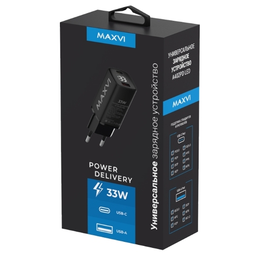 Сетевое зарядное устройство Maxvi A402PD LED 33W, 1xUSB-A, 1xUSB-C, черный