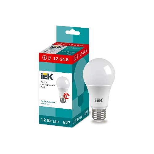 Лампа светодиодная IEK LLE-A60-12-12-24-40-E27 A60 шар 12Вт 12-24В 4000К E27 (низковольтная)
