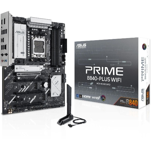 Материнская плата ASUS PRIME B840-PLUS WIFI, AM5, AMD B840, 4xDDR5, 4xSATA, 3xM.2, 1xPCIe 4.0 x16, 1xPCIe 3.0 x16, 2xPCIe 3.0 x16, 1xPCIe 3.0 x1, 1xDP, 1xHDMI, 1x 2.5Gb LAN, 8xUSB-A, 3x3.5 мм, 7.1, ATX