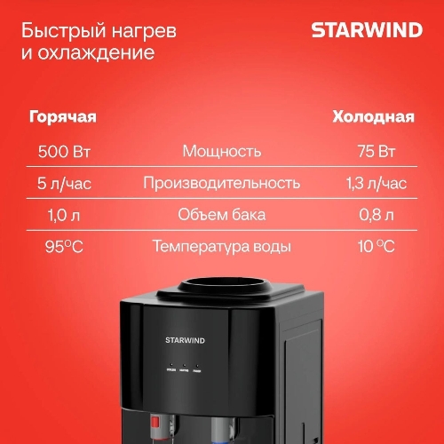 Кулер для воды Starwind SW-1113EB, верхняя загрузка, нагрев 95 °С, охлаждение 10 °С, черный
