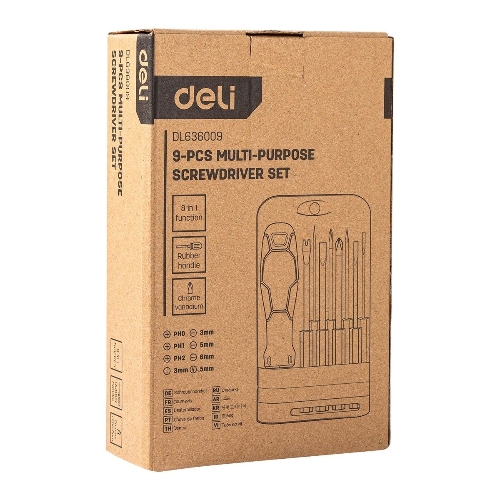 Многофункциональная отвертка 8-в-1 Deli DL636009 1шт ручка, 3 бита Phillips: PH0, PH1, PH2, 3 насадки с прорезями: 3 мм, 5 мм, 6 мм,2 специальные биты: точечные, Y-образные. Материал хвостовика: Cr-V.