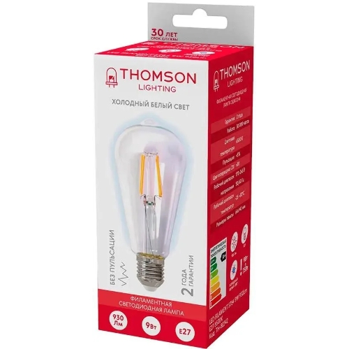 Лампа светодиодная филаментная Thomson TH-B2342 E27, эдисон, 9Вт, 6500К, белый холодный, 1 шт.
