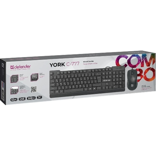 Комплект клавиатура+мышь Defender York C-777 проводной, USB, 1000 DPI, чёрный
