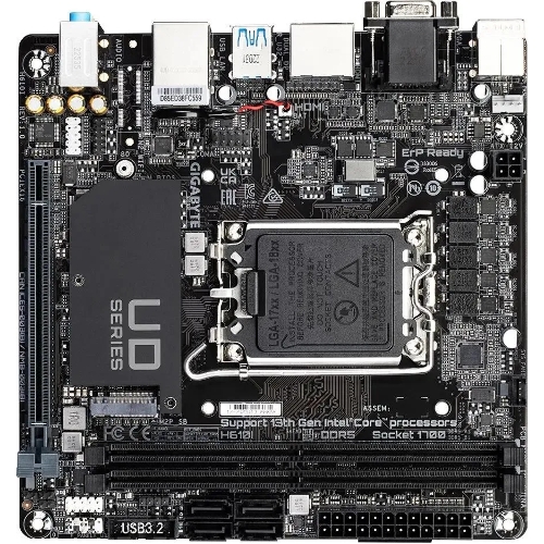 Материнская плата Gigabyte H610I, LGA 1700, Intel H610, 2xDDR5, 4xSATA, 1xM.2, 1xPCIe 4.0 x16, 1xHDMI, 1xVGA, 2xDP, 1x 1Gb LAN, 2xUSB-A 3.2 Gen 1, 4xUSB-A 2.0, 3x 3.5 мм, 7.1, Mini-ITX