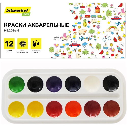 Краски акварельные Silwerhof Eco, медовые, 12 цветов, без кисти, картонная коробка