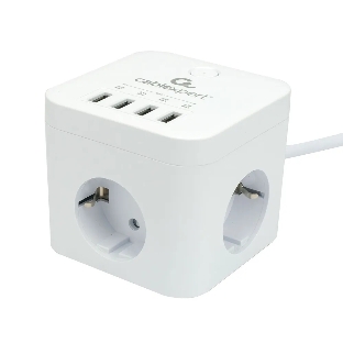 Сетевой фильтр Cablexpert Cube CUBE-3-U4-W-1.5, 3 р, 10А, 4хUSB, 1.5 м, ур.защиты 4+, белый, коробка