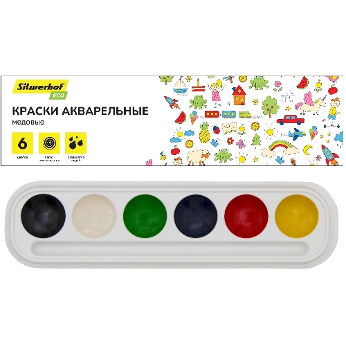 Краски акварельные Silwerhof Eco, медовые, 6 цветов, без кисти, картонная коробка