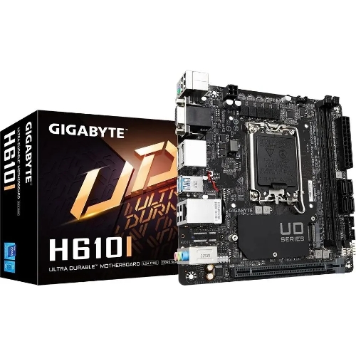 Материнская плата Gigabyte H610I, LGA 1700, Intel H610, 2xDDR5, 4xSATA, 1xM.2, 1xPCIe 4.0 x16, 1xHDMI, 1xVGA, 2xDP, 1x 1Gb LAN, 2xUSB-A 3.2 Gen 1, 4xUSB-A 2.0, 3x 3.5 мм, 7.1, Mini-ITX