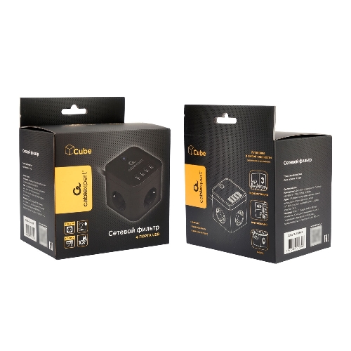 Сетевой фильтр Cablexpert Cube CUBE-3-U4-B-1.5, 3 р, 10А, 4хUSB, 1.5 м, ур.защиты 4+, черный, коробка