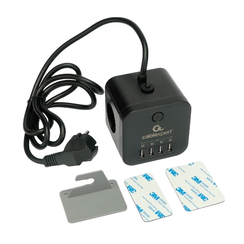 Сетевой фильтр Cablexpert Cube CUBE-3-U4-B-1.5, 3 р, 10А, 4хUSB, 1.5 м, ур.защиты 4+, черный, коробка