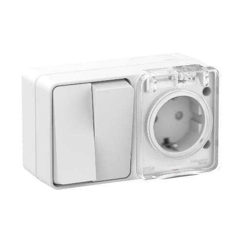 Блок ОП AtlasDesign Profi54 розетка 16А 250В с заземл. защ. шторки + 2-кл. выключатель 10А IP54 бел. SchE