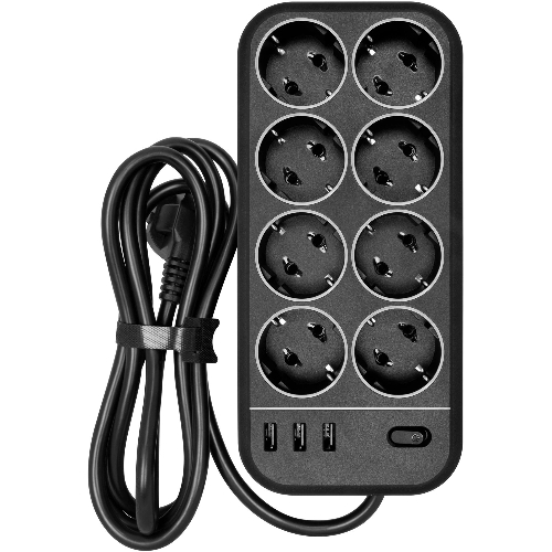 Сетевой фильтр Powercom SP-08 USB03AB 1,8 m 1.8м, 8 розеток, черный, коробка