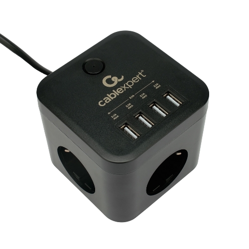 Сетевой фильтр Cablexpert Cube CUBE-3-U4-B-1.5, 3 р, 10А, 4хUSB, 1.5 м, ур.защиты 4+, черный, коробка