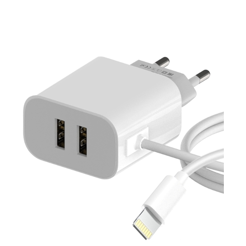 Сетевое зарядное устройство Maxvi CHL-242L 2хUSB 2.4A + литой кабель Lightning 1.2м, белый