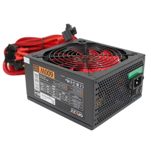 Блок питания Ginzzu PC600 Red, 600Вт, 80 PLUS, 140мм, черный/красный