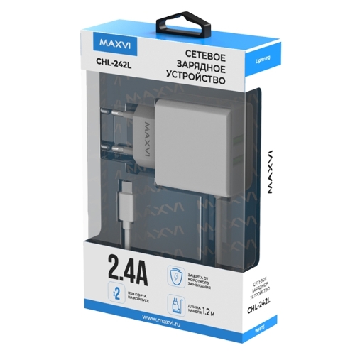 Сетевое зарядное устройство Maxvi CHL-242L 2хUSB 2.4A + литой кабель Lightning 1.2м, белый